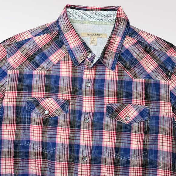Heritage1981 Western Pearl Snap Shirt Plaid Pink Blue Small - Picture 2 of 7